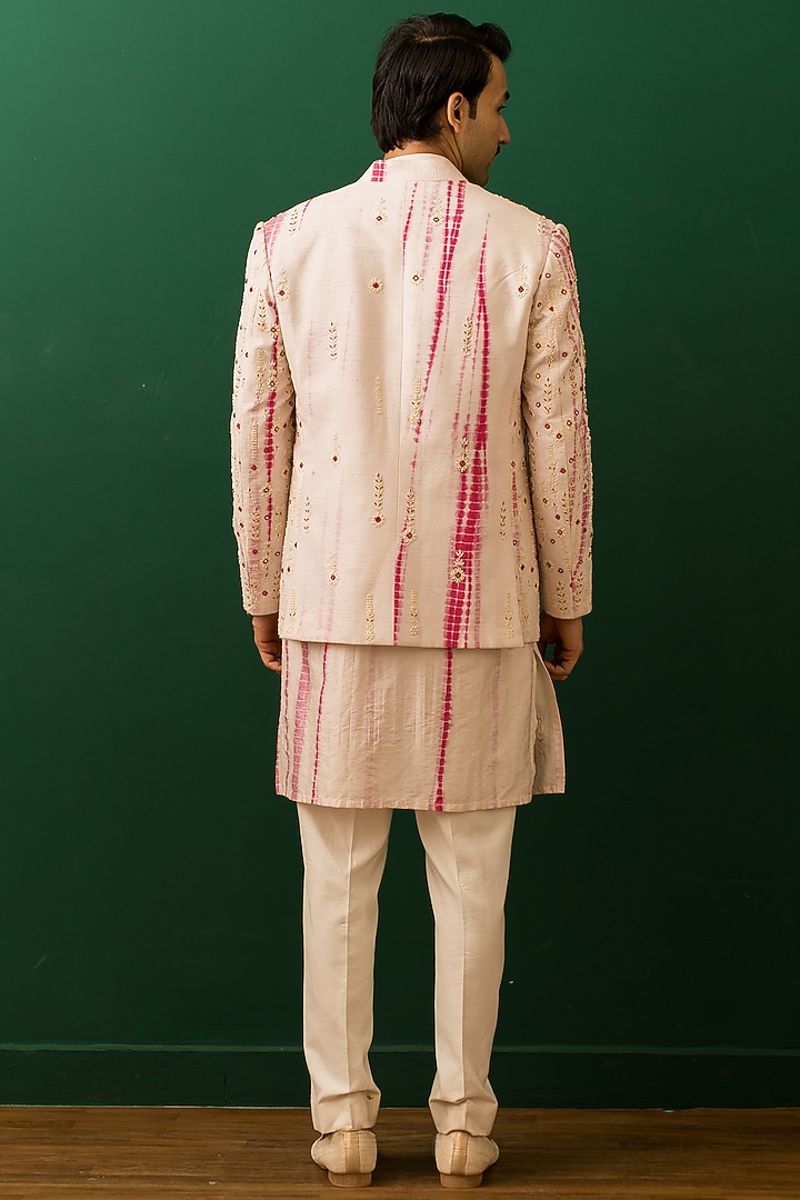 Baby Pink Raw Silk Pearl Embroidered Tie-Dye Open Jacket Set by Dev Kumar at Pernia's Pop Up Shop