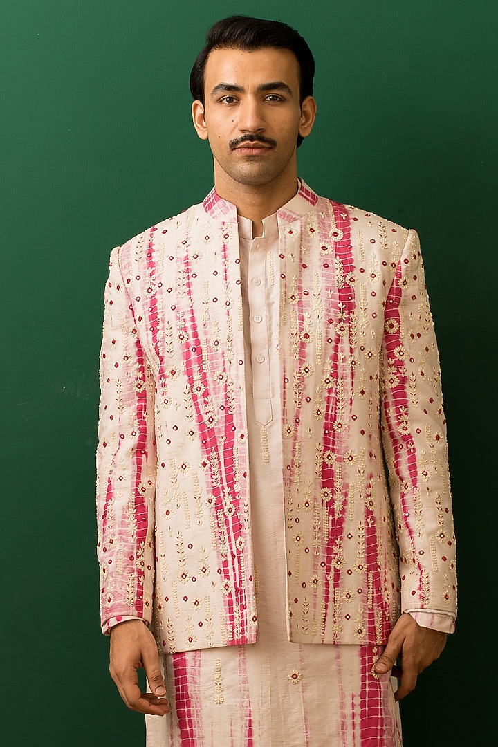 Baby Pink Raw Silk Pearl Embroidered Tie-Dye Open Jacket Set by Dev Kumar at Pernia's Pop Up Shop