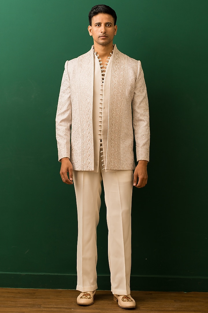 Champagne Raw Silk Sequins Embroidered Open Jacket Set by Dev Kumar at Pernia's Pop Up Shop