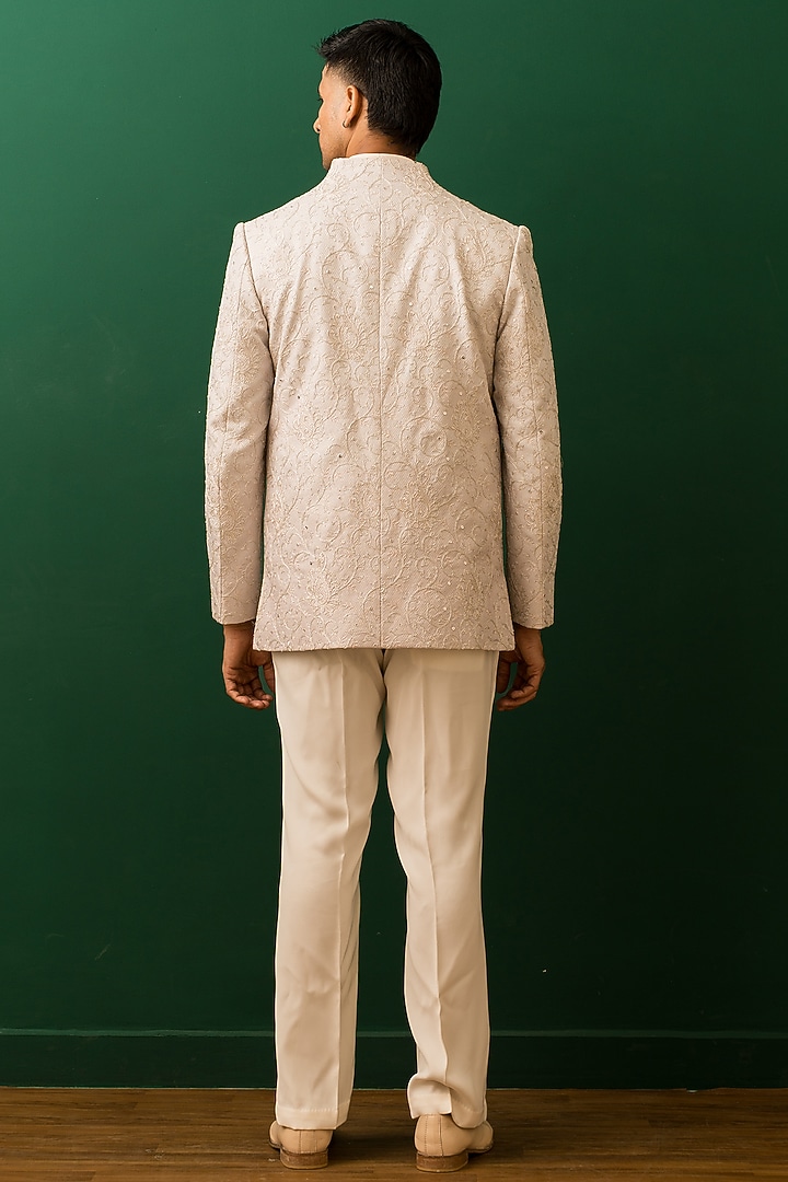 Champagne Raw Silk Sequins Embroidered Open Jacket Set by Dev Kumar at Pernia's Pop Up Shop