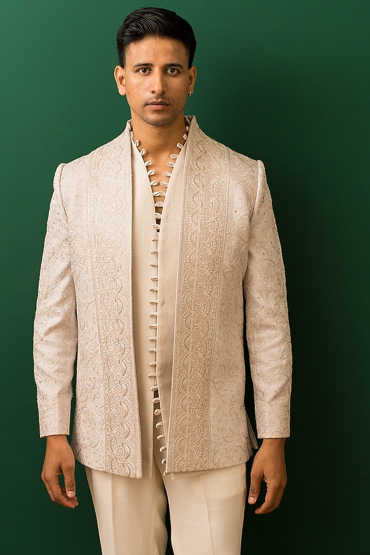 Champagne Raw Silk Sequins Embroidered Open Jacket Set by Dev Kumar at Pernia's Pop Up Shop