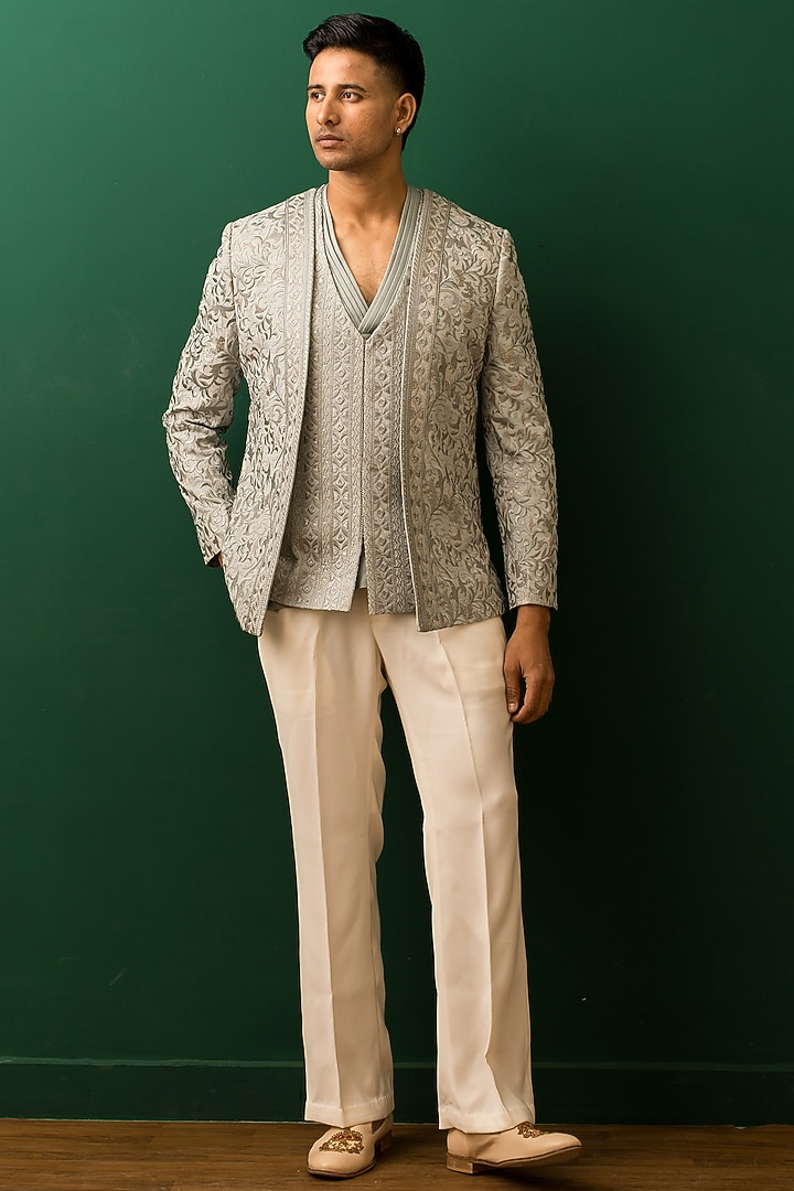 Dust Green Georgette Resham Embroidered Open Jacket Set by Dev Kumar at Pernia's Pop Up Shop