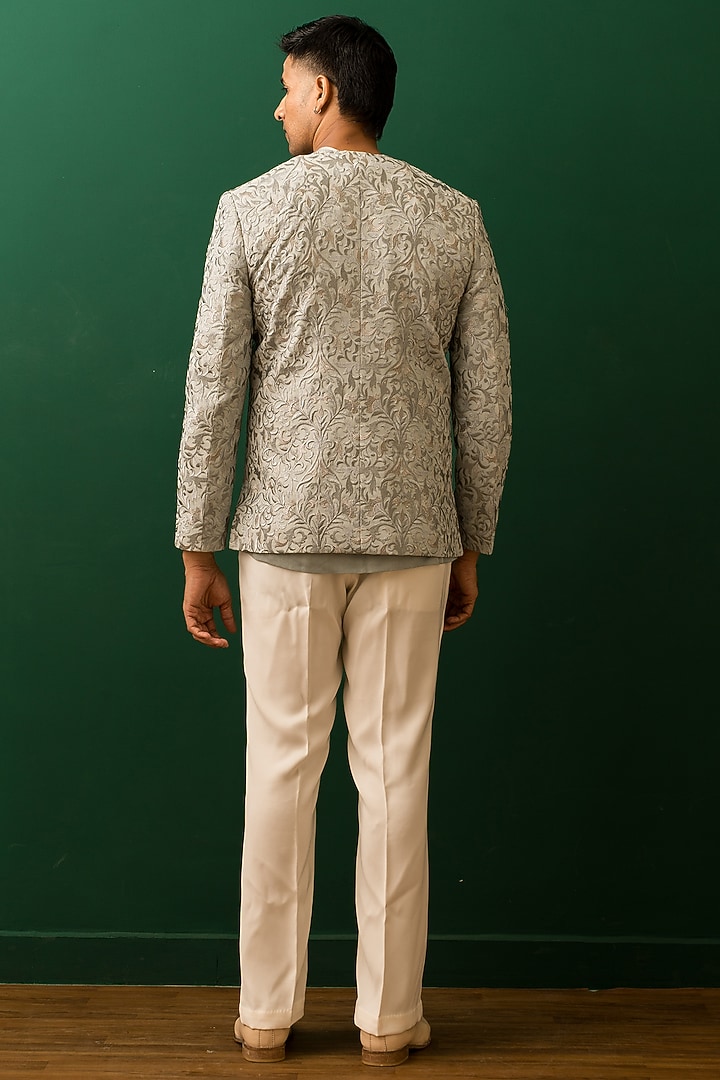 Dust Green Georgette Resham Embroidered Open Jacket Set by Dev Kumar at Pernia's Pop Up Shop
