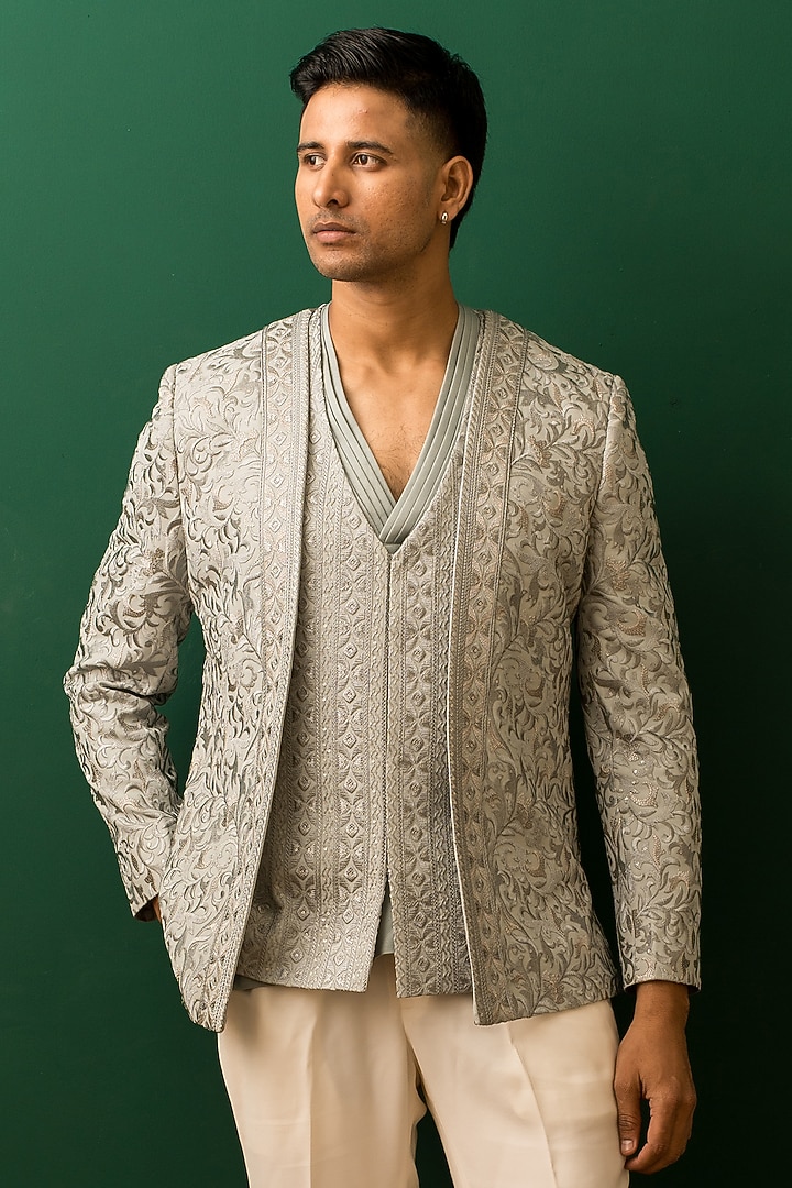 Dust Green Georgette Resham Embroidered Open Jacket Set by Dev Kumar at Pernia's Pop Up Shop