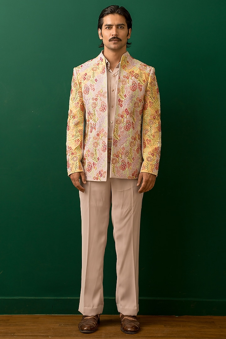 Dust Mauve Georgette Sequins Embroidered Jacket Set by Dev Kumar at Pernia's Pop Up Shop