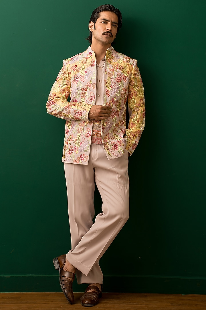 Dust Mauve Georgette Sequins Embroidered Jacket Set by Dev Kumar at Pernia's Pop Up Shop