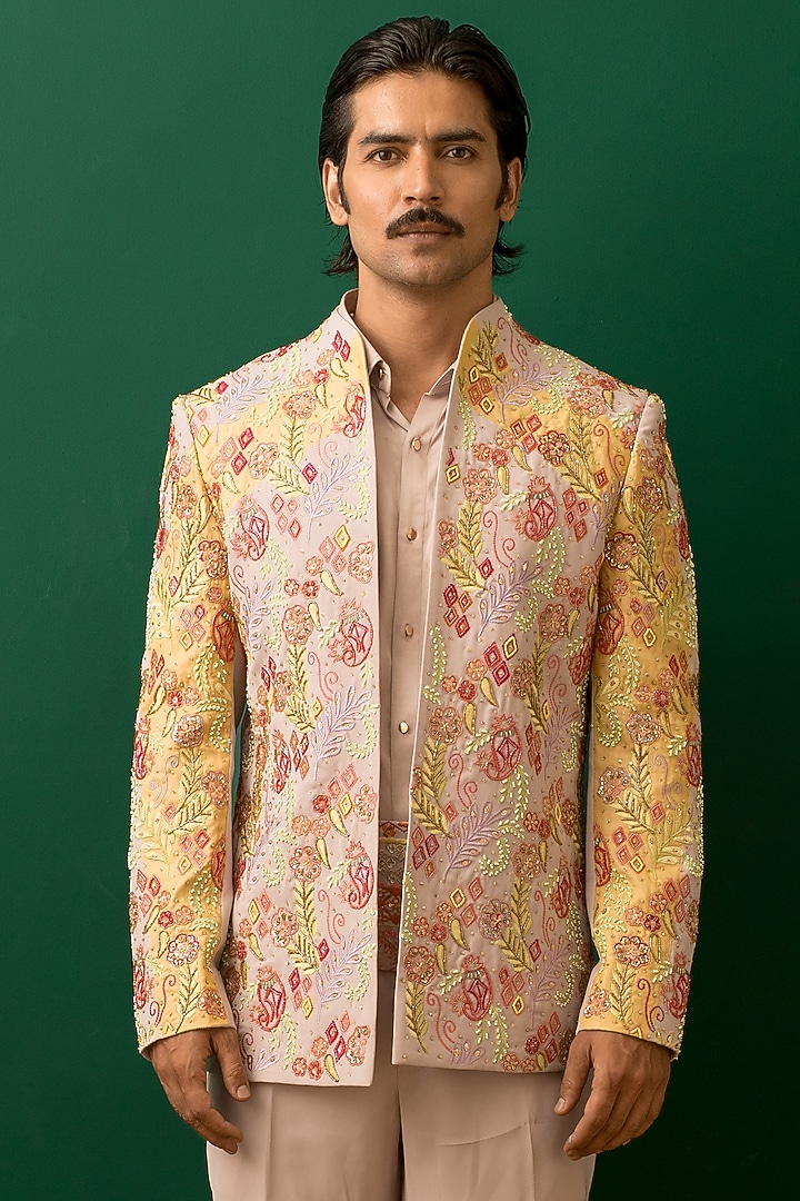 Dust Mauve Georgette Sequins Embroidered Jacket Set by Dev Kumar at Pernia's Pop Up Shop