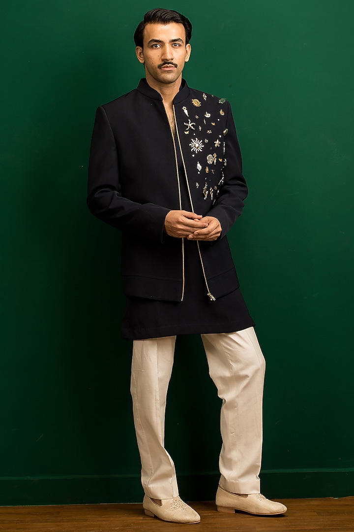 Navy Blue Italian Crepe Metal Work Bomber Jacket Set by Dev Kumar at Pernia's Pop Up Shop