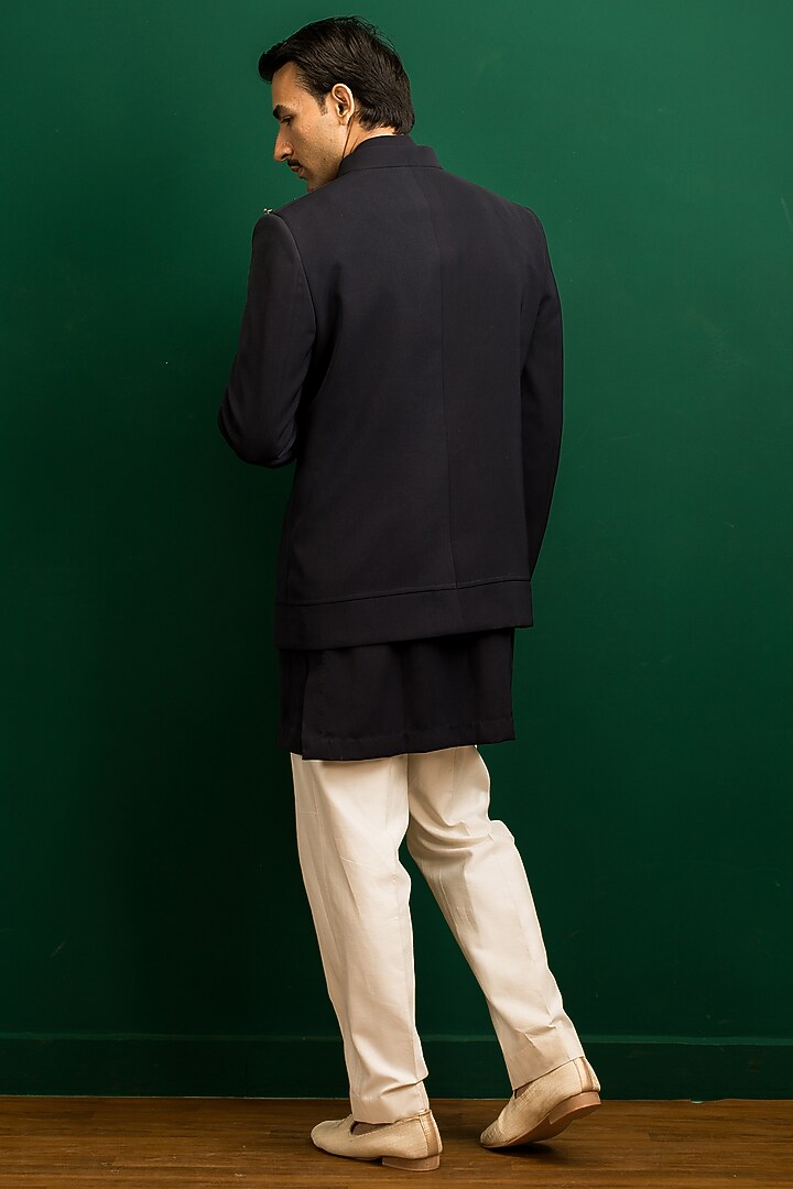 Navy Blue Italian Crepe Metal Work Bomber Jacket Set by Dev Kumar at Pernia's Pop Up Shop