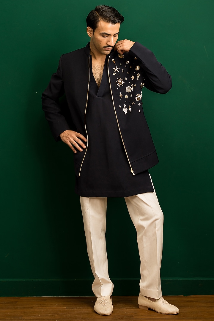 Navy Blue Italian Crepe Metal Work Bomber Jacket Set by Dev Kumar at Pernia's Pop Up Shop