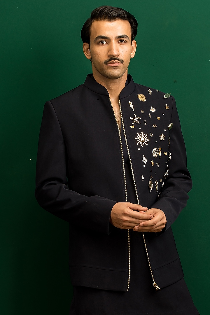 Navy Blue Italian Crepe Metal Work Bomber Jacket Set by Dev Kumar at Pernia's Pop Up Shop