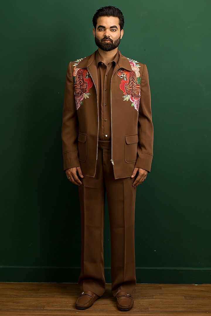 Dark Brown Italian Crepe Resham Work Bomber Jacket Set by Dev Kumar at Pernia's Pop Up Shop