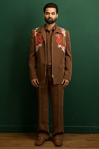Dark Brown Italian Crepe Resham Work Bomber Jacket Set by Dev Kumar