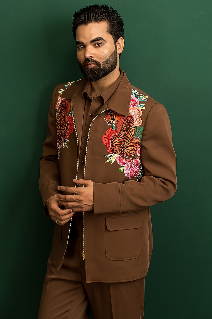 Dark Brown Italian Crepe Resham Work Bomber Jacket Set by Dev Kumar at Pernia's Pop Up Shop