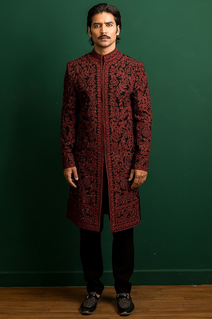 Black & Red Italian Crepe Sequins Embroidered Groom Indowestern Set by Dev Kumar at Pernia's Pop Up Shop