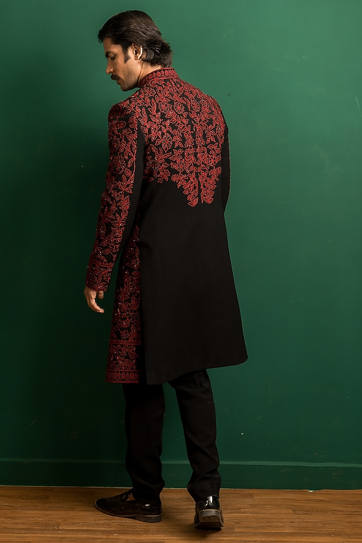 Black & Red Italian Crepe Sequins Embroidered Groom Indowestern Set by Dev Kumar at Pernia's Pop Up Shop