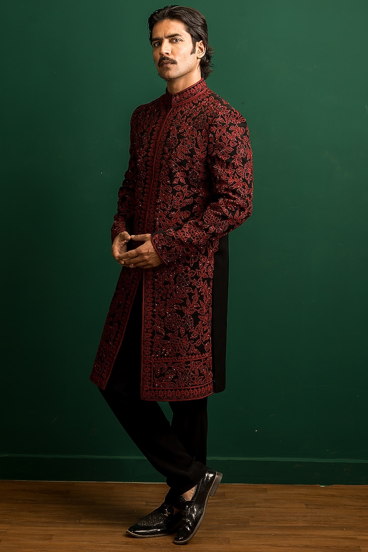 Black & Red Italian Crepe Sequins Embroidered Groom Indowestern Set by Dev Kumar at Pernia's Pop Up Shop