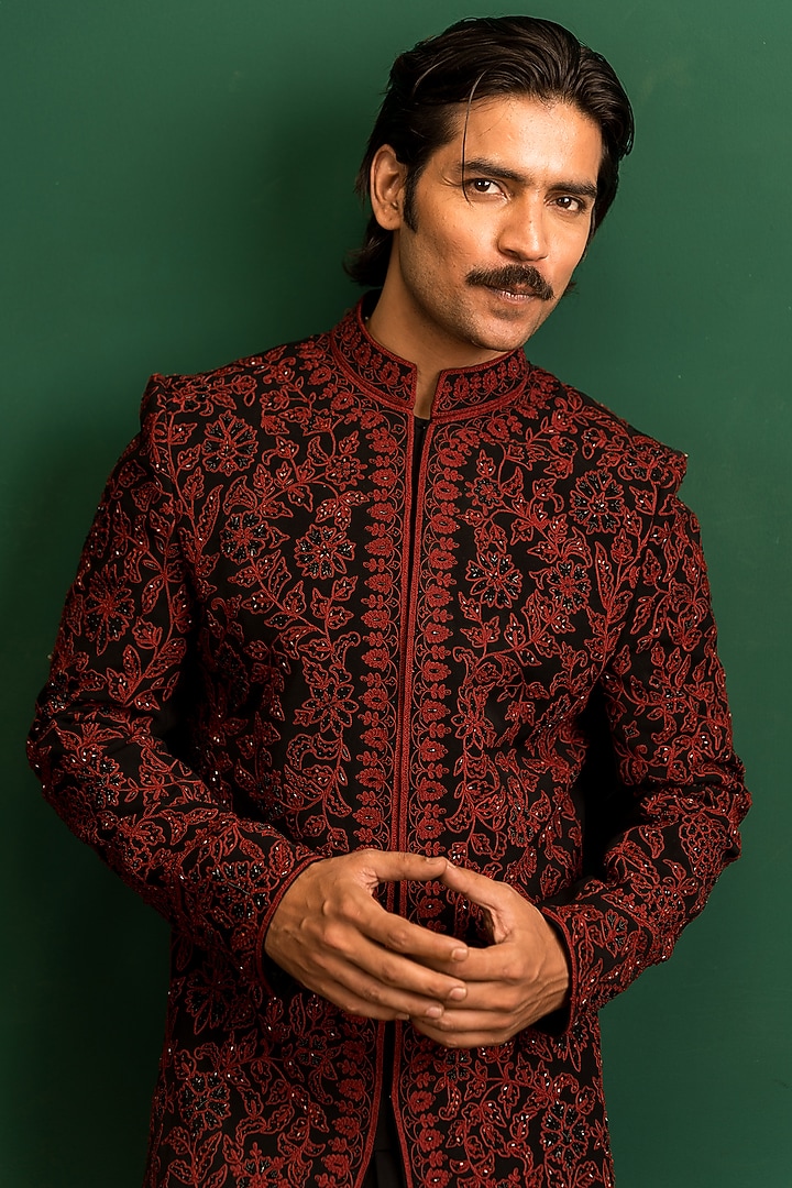 Black & Red Italian Crepe Sequins Embroidered Groom Indowestern Set by Dev Kumar at Pernia's Pop Up Shop