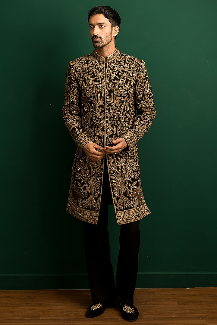 Black & Gold Italian Crepe Sequins Embroidered Groom Indowestern Set by Dev Kumar at Pernia's Pop Up Shop