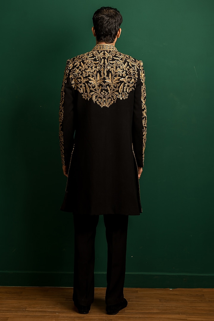 Black & Gold Italian Crepe Sequins Embroidered Groom Indowestern Set by Dev Kumar at Pernia's Pop Up Shop