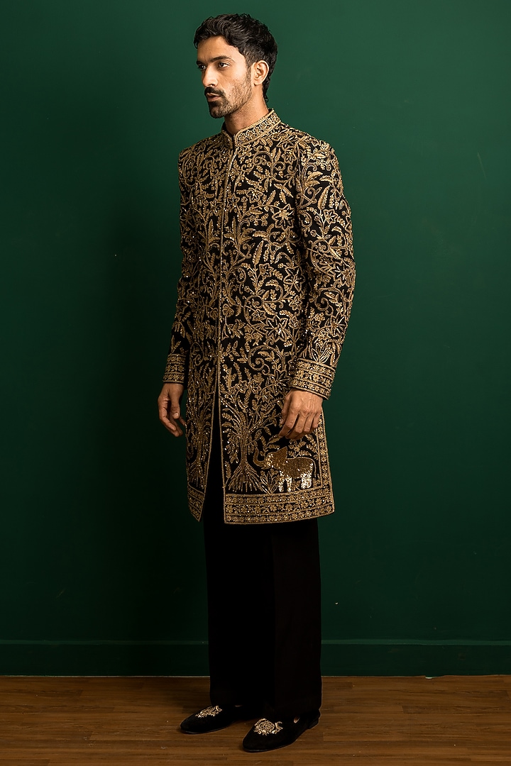 Black & Gold Italian Crepe Sequins Embroidered Groom Indowestern Set by Dev Kumar at Pernia's Pop Up Shop