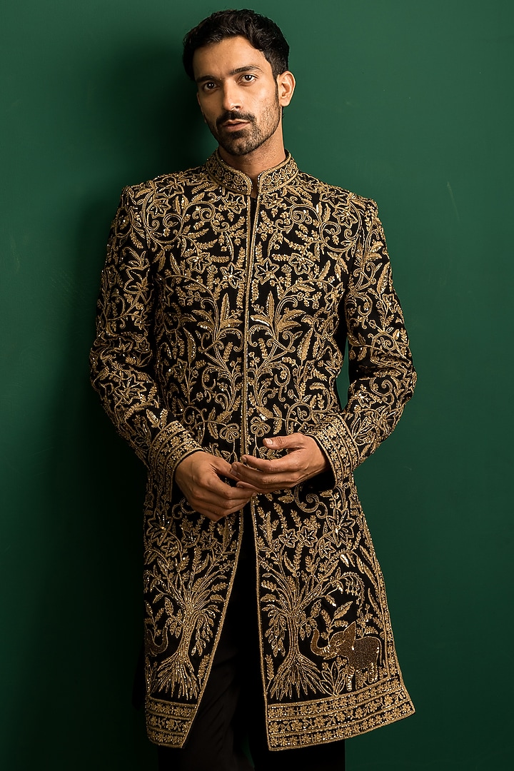 Black & Gold Italian Crepe Sequins Embroidered Groom Indowestern Set by Dev Kumar at Pernia's Pop Up Shop