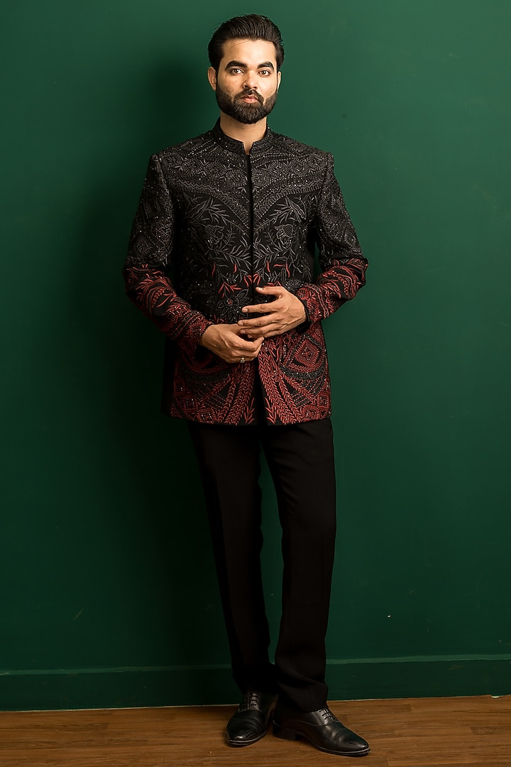 Black Italian Crepe Beads Work Wedding Bandhgala Set by Dev Kumar at Pernia's Pop Up Shop
