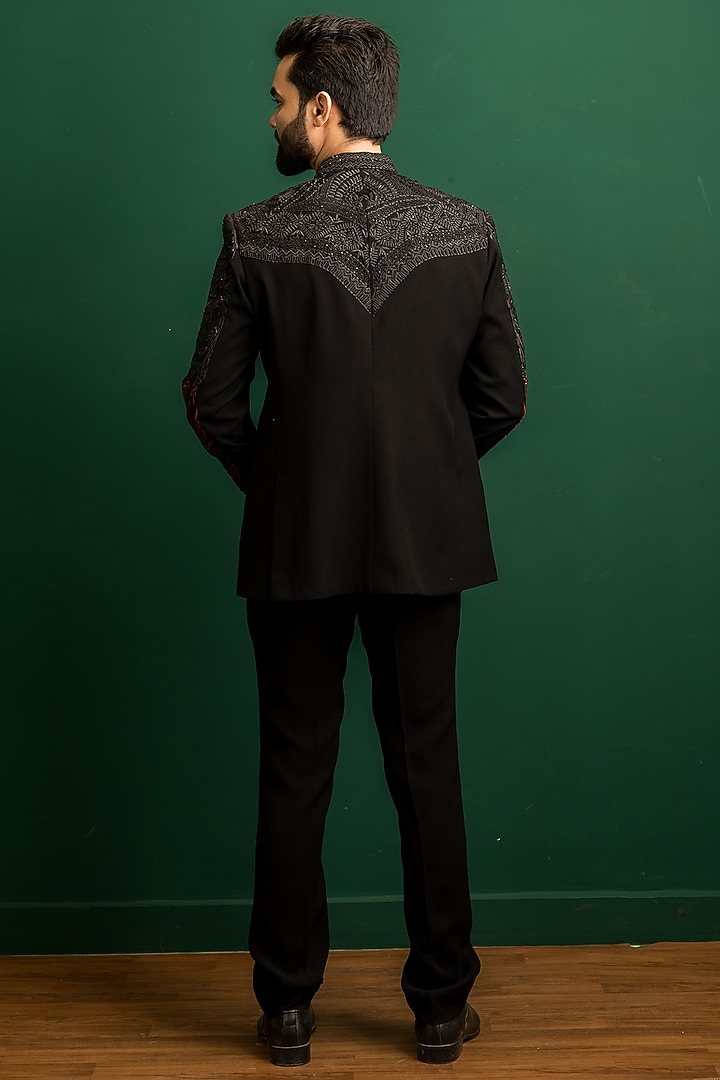 Black Italian Crepe Beads Work Wedding Bandhgala Set by Dev Kumar at Pernia's Pop Up Shop