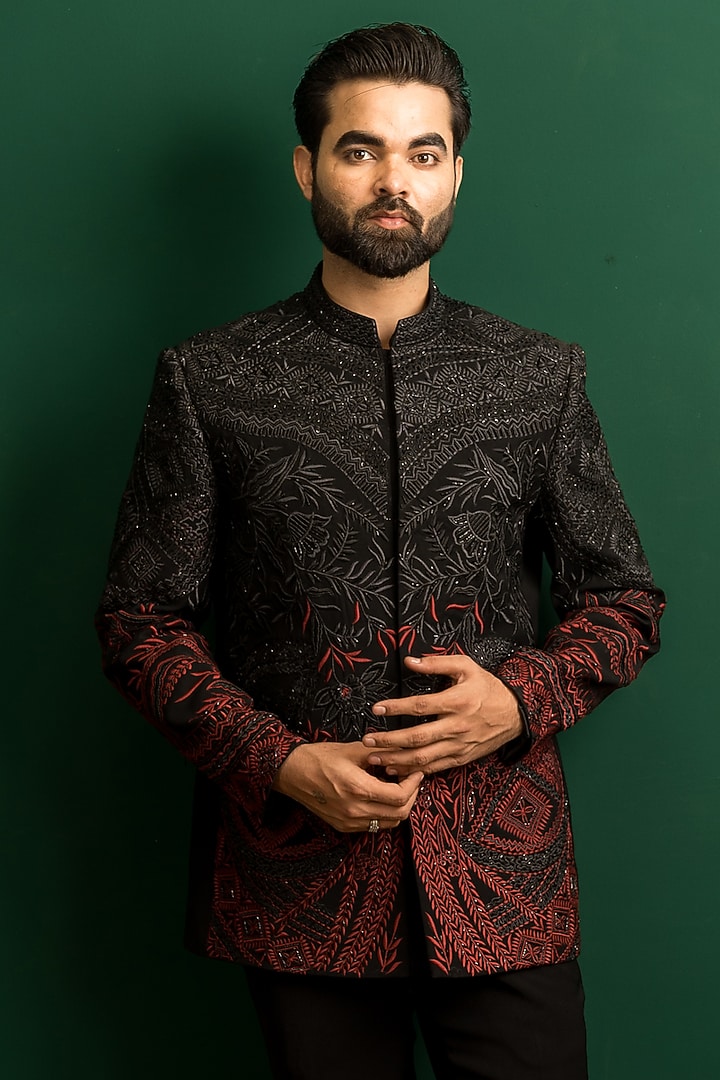 Black Italian Crepe Beads Work Wedding Bandhgala Set by Dev Kumar at Pernia's Pop Up Shop