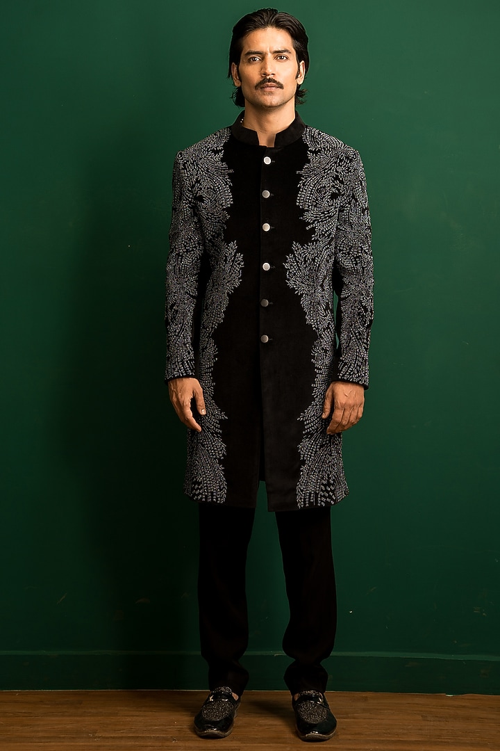 Black Velvet Bead Embroidered Wedding Indowestern Set by Dev Kumar at Pernia's Pop Up Shop