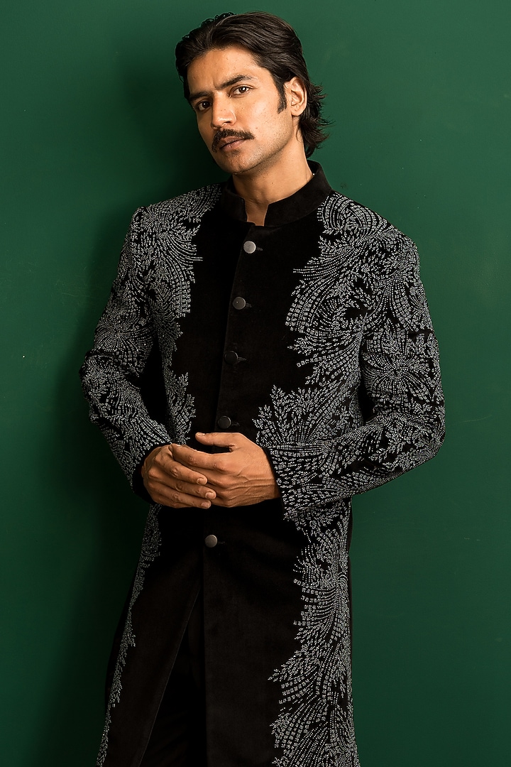 Black Velvet Bead Embroidered Wedding Indowestern Set by Dev Kumar at Pernia's Pop Up Shop