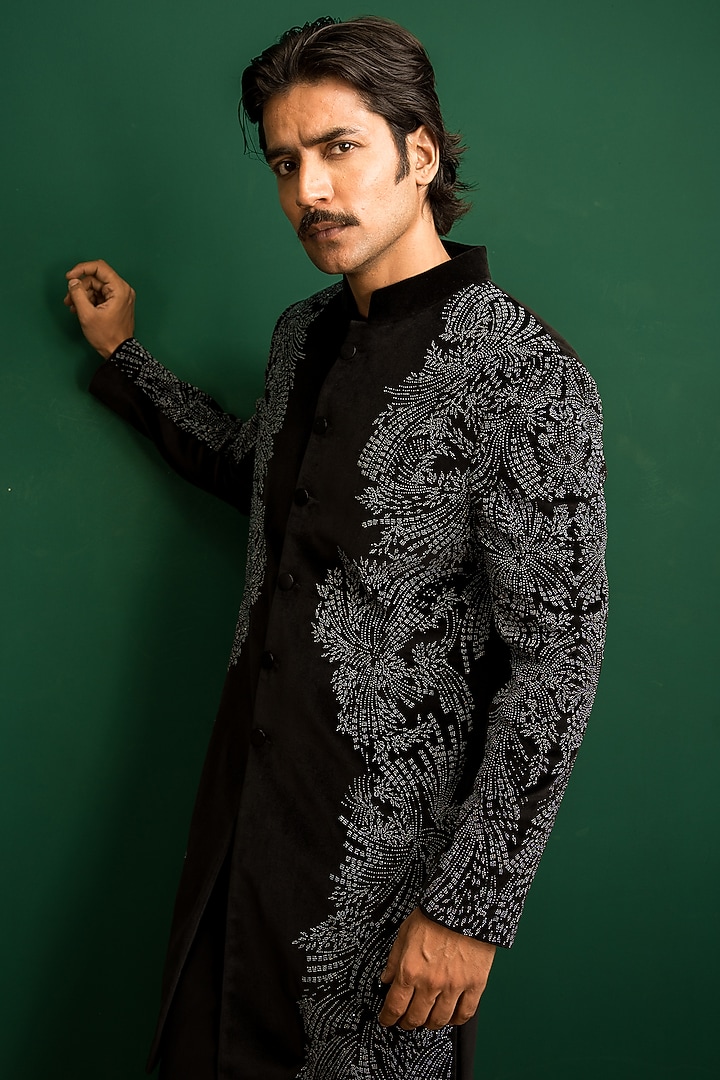 Black Velvet Bead Embroidered Wedding Indowestern Set by Dev Kumar at Pernia's Pop Up Shop