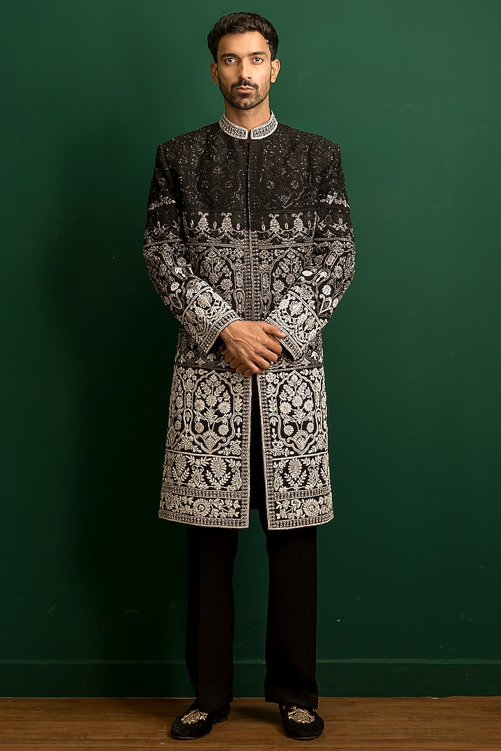 Black Italian Crepe Sequins Embroidered Wedding Indowestern Set by Dev Kumar at Pernia's Pop Up Shop