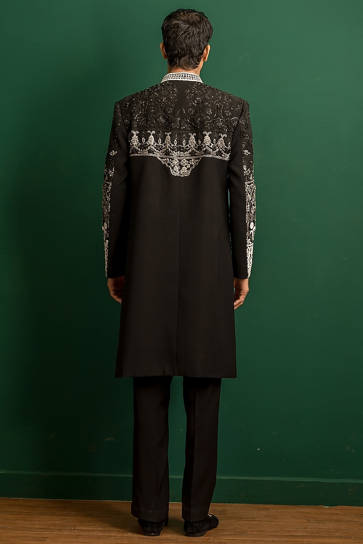 Black Italian Crepe Sequins Embroidered Wedding Indowestern Set by Dev Kumar at Pernia's Pop Up Shop