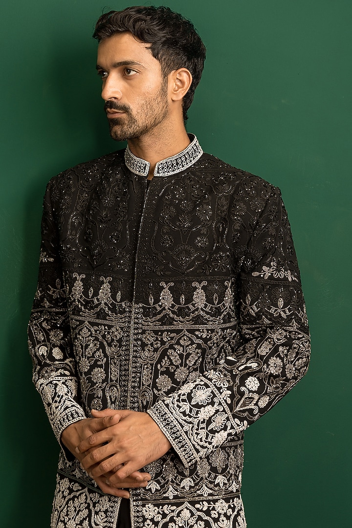 Black Italian Crepe Sequins Embroidered Wedding Indowestern Set by Dev Kumar at Pernia's Pop Up Shop