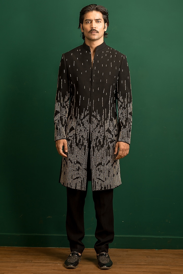 Black Italian Crepe Beads Embroidered Wedding Indowestern Set by Dev Kumar at Pernia's Pop Up Shop