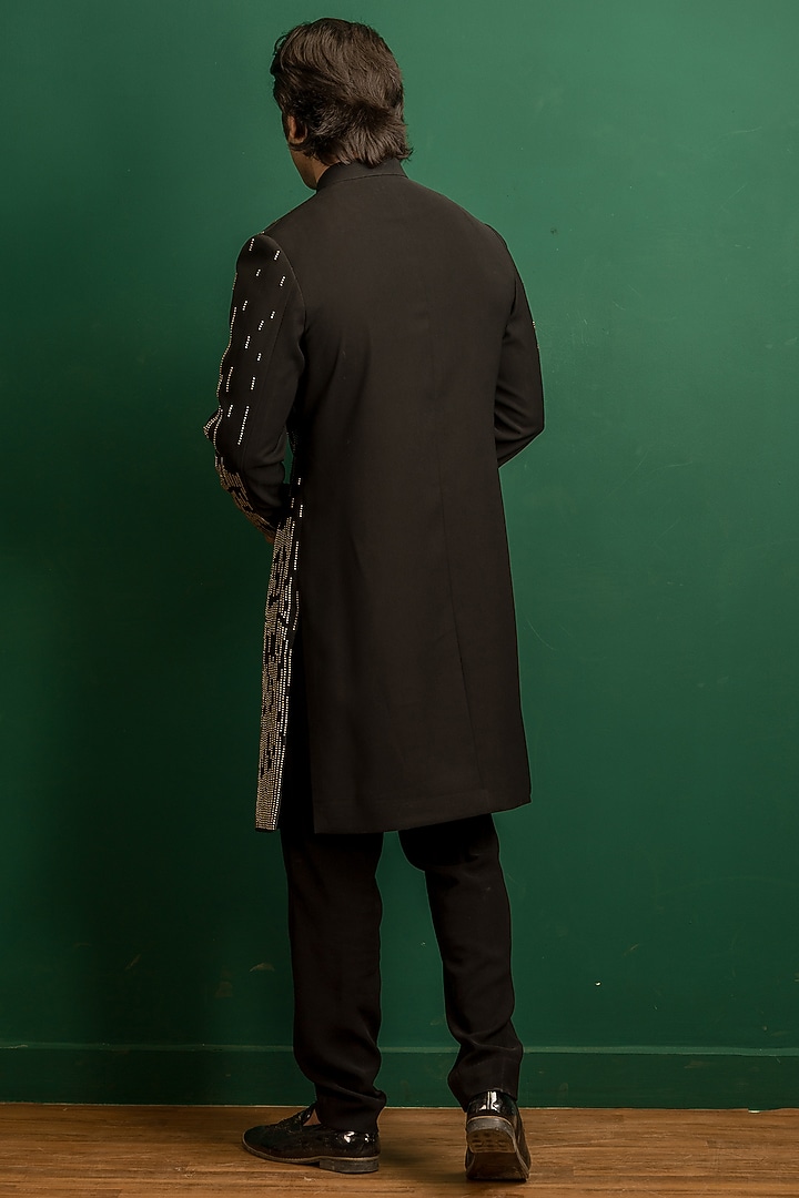 Black Italian Crepe Beads Embroidered Wedding Indowestern Set by Dev Kumar at Pernia's Pop Up Shop