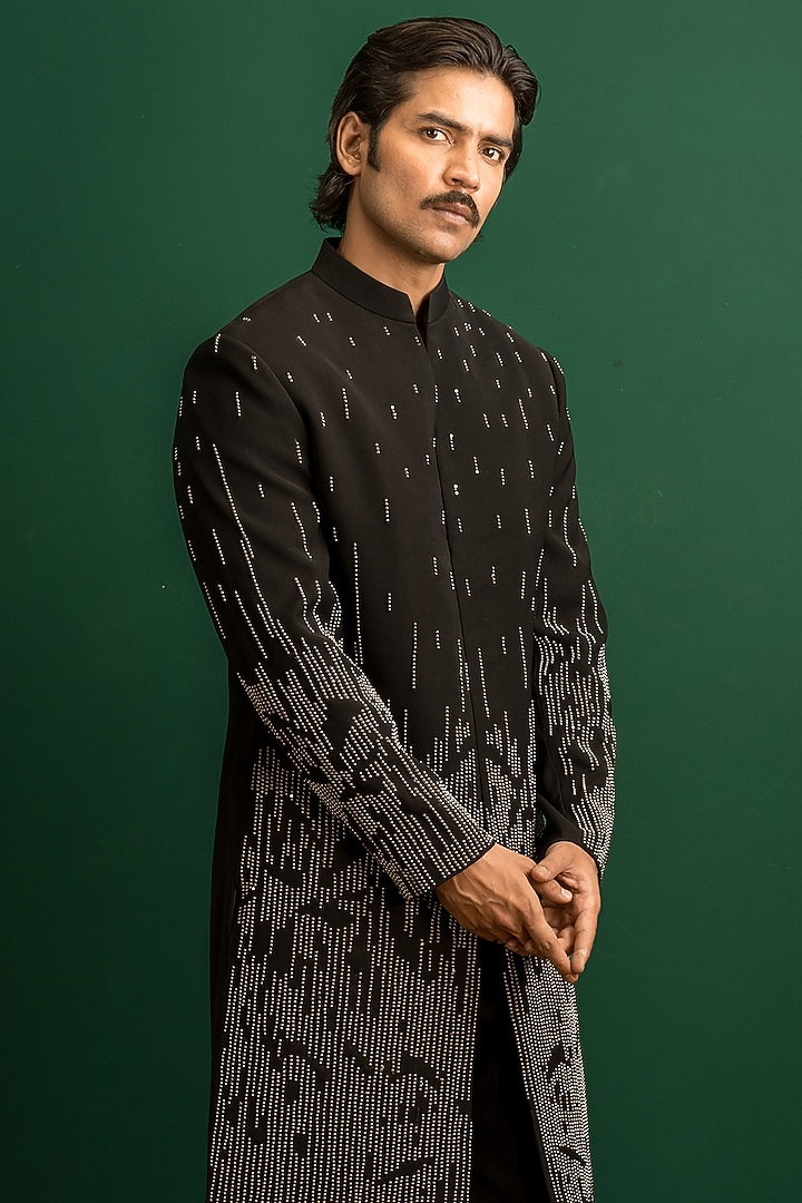 Black Italian Crepe Beads Embroidered Wedding Indowestern Set by Dev Kumar at Pernia's Pop Up Shop
