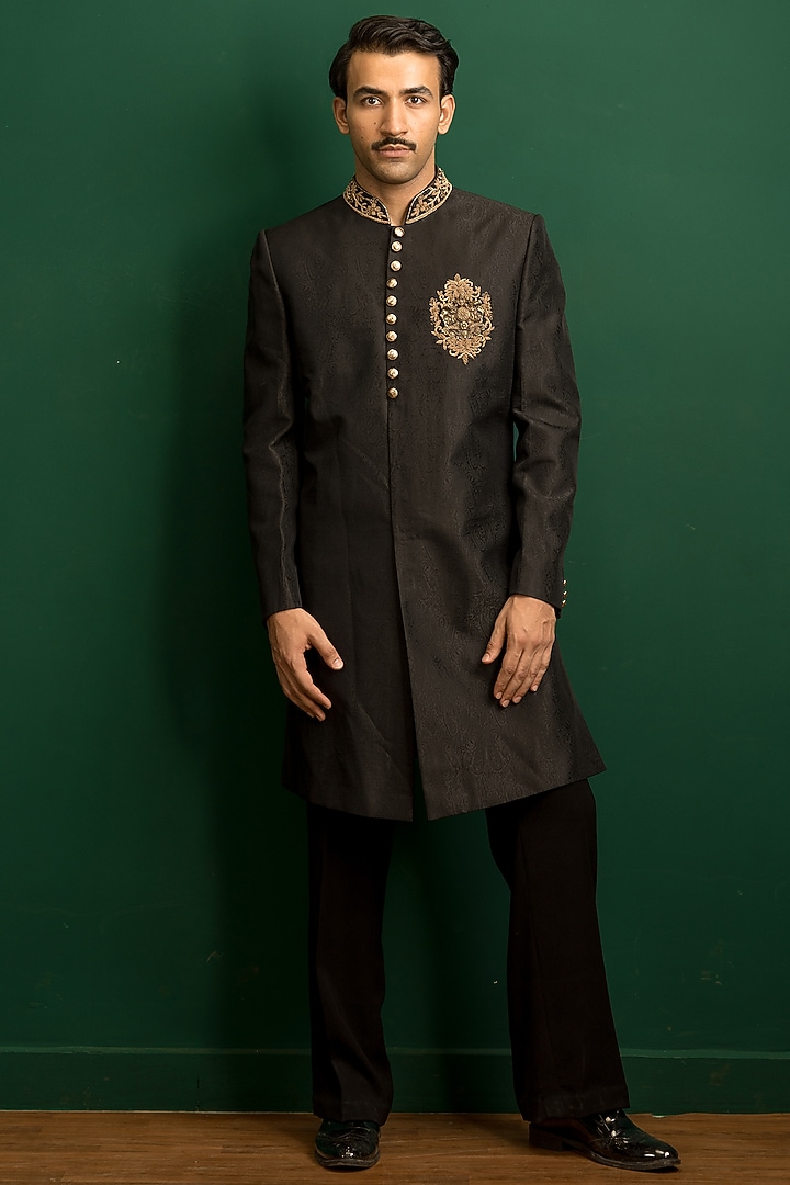 Black Silk Dabka Embroidered Wedding Indowestern Set by Dev Kumar at Pernia's Pop Up Shop