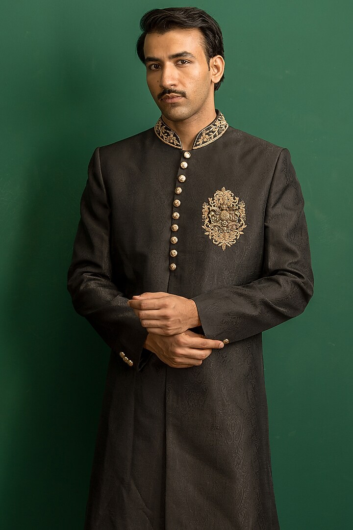 Black Silk Dabka Embroidered Wedding Indowestern Set by Dev Kumar at Pernia's Pop Up Shop