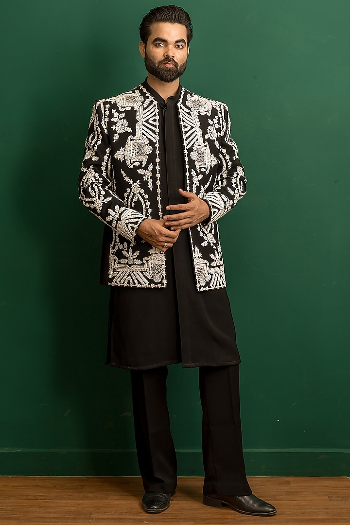 Black Italian Crepe Beadwork Open Jacket Set by Dev Kumar at Pernia's Pop Up Shop