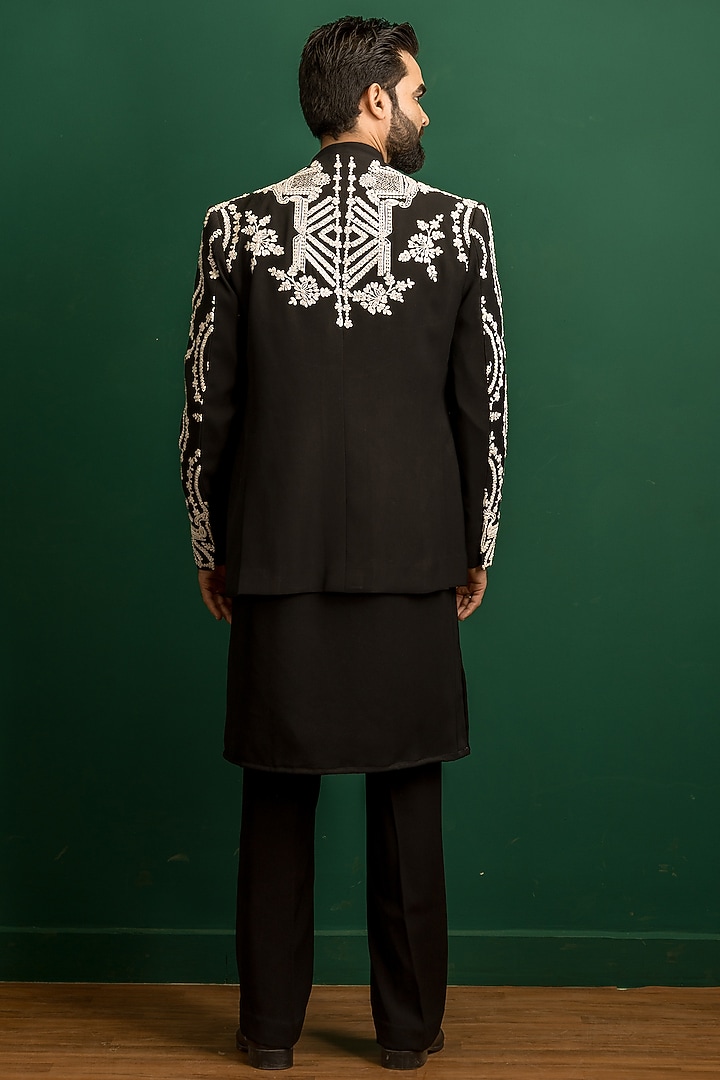 Black Italian Crepe Beadwork Open Jacket Set by Dev Kumar at Pernia's Pop Up Shop