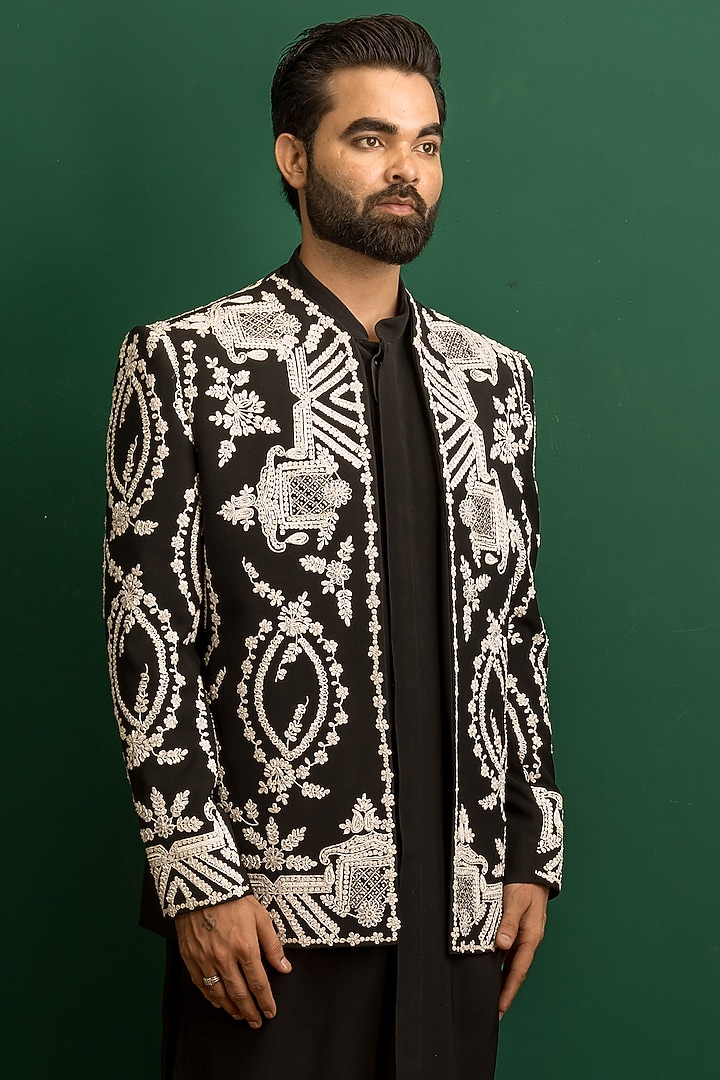 Black Italian Crepe Beadwork Open Jacket Set by Dev Kumar at Pernia's Pop Up Shop