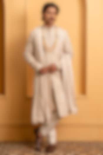 Champagne Raw Silk Hand Embroidered Groom Sherwani Set by Dev Kumar at Pernia's Pop Up Shop
