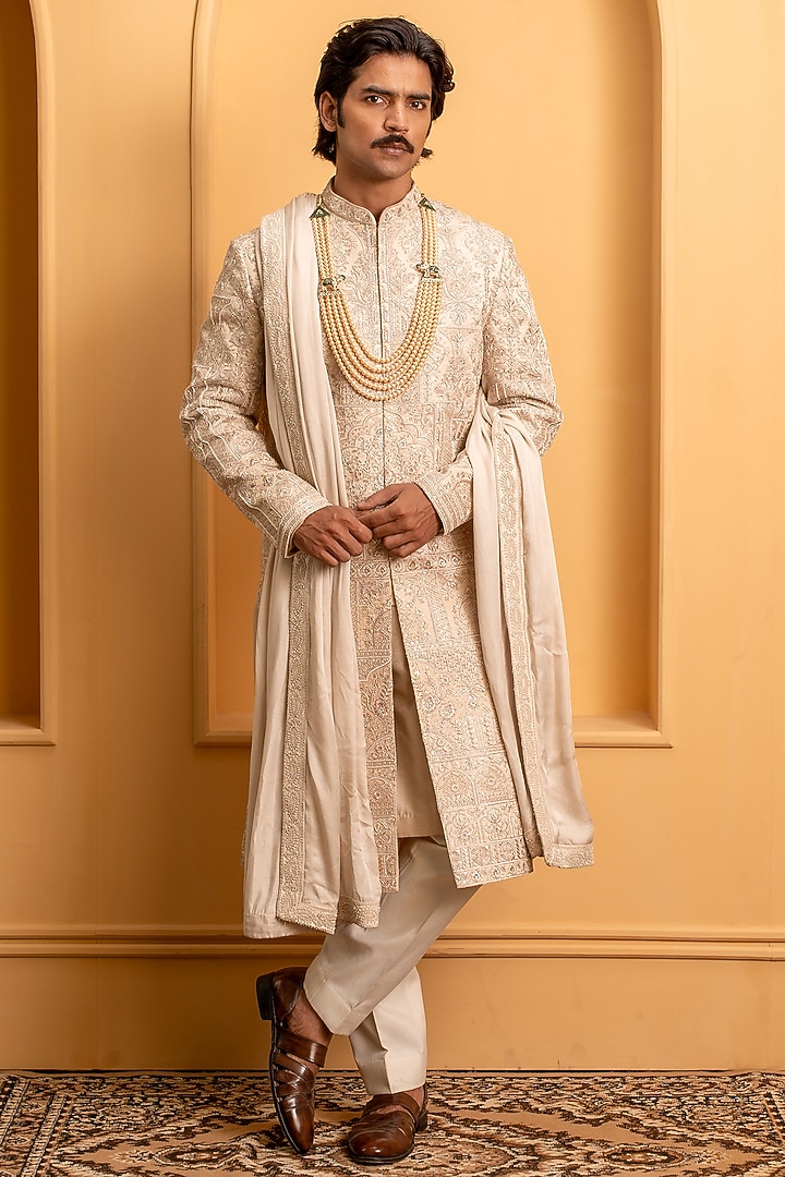 Champagne Raw Silk Hand Embroidered Groom Sherwani Set by Dev Kumar at Pernia's Pop Up Shop
