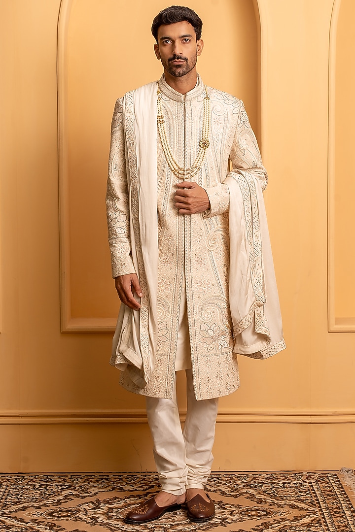 Beige Raw Silk Hand Embroidered Groom Sherwani Set by Dev Kumar at Pernia's Pop Up Shop