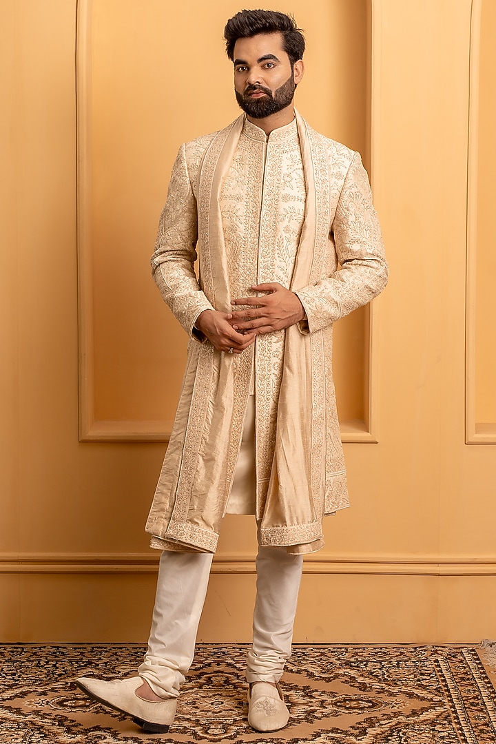 Beige Raw Silk Hand Embroidered Groom Sherwani Set by Dev Kumar at Pernia's Pop Up Shop