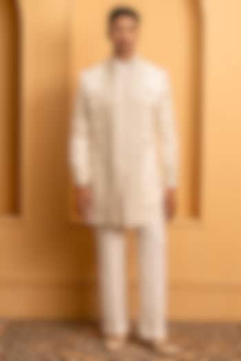 Ivory Satin Raw Silk Hand Embroidered Groom Sherwani Set by Dev Kumar at Pernia's Pop Up Shop