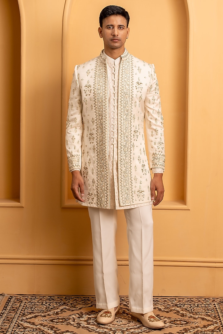 Ivory Satin Raw Silk Hand Embroidered Groom Sherwani Set by Dev Kumar at Pernia's Pop Up Shop