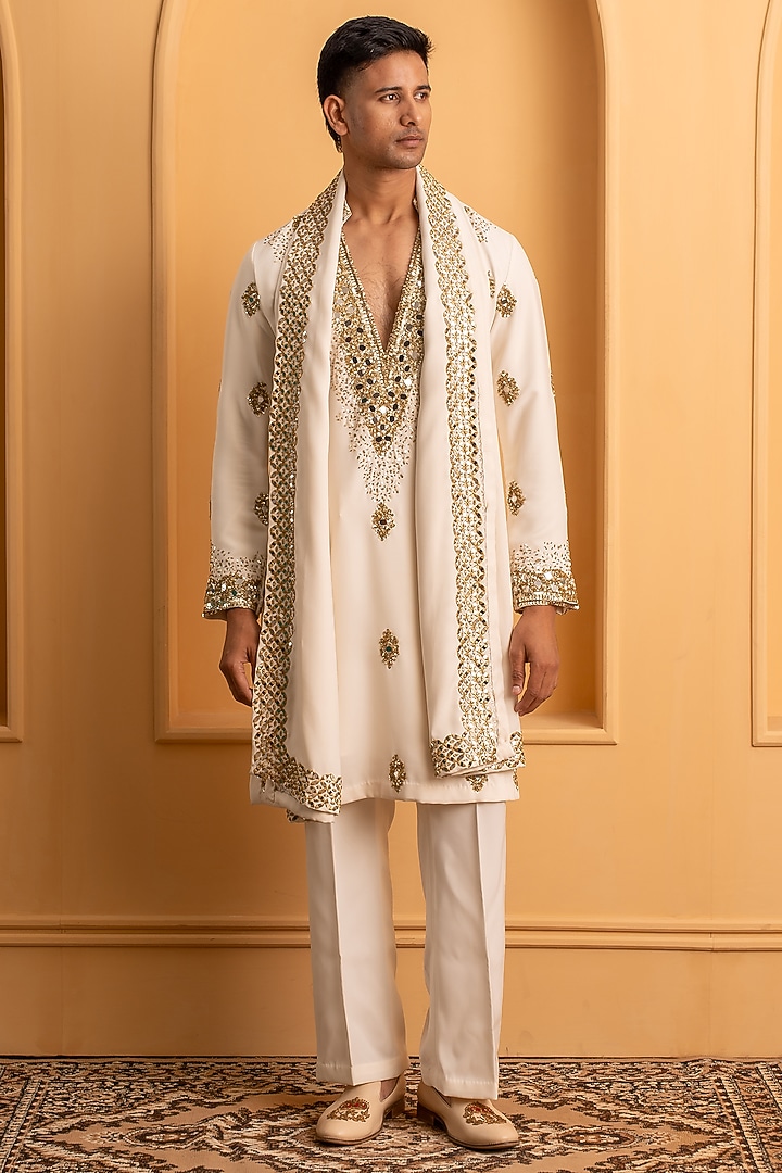 Ivory Sequins Embroidered Kurta Set by Dev Kumar at Pernia's Pop Up Shop